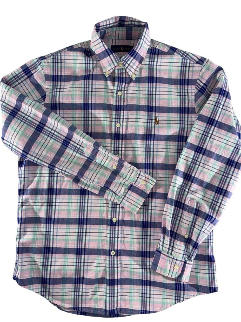 Ralph Lauren Men's M Plaid Button Down Shirt Pink Green Navy Blue 100% Cotton